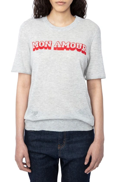 Shop Zadig & Voltaire Mon Amour Short Sleeve Cashmere Sweater In Neige