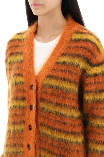 Shop Marni Cardigan In Striped Brushed Mohair In Lobster (orange)