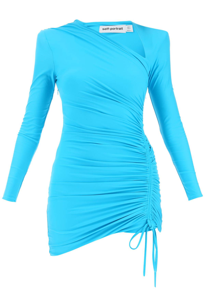 Shop Self-portrait Ruched Jersey Mini Dress In Blue (light Blue)