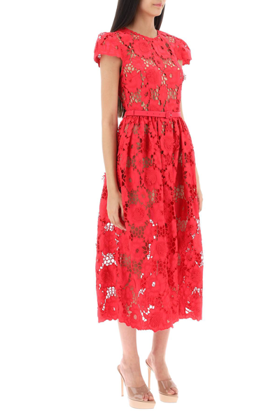 Shop Self-portrait Poppy Midi Dress In 3d Floral Lace In Red (fuchsia)