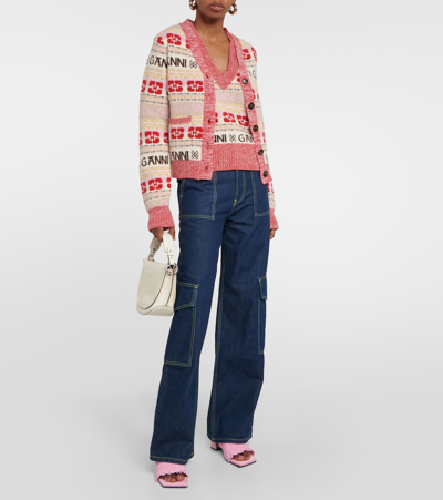 Shop Ganni Intarsia Wool-blend Cardigan In Multicoloured