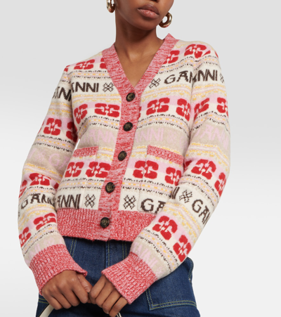 Shop Ganni Intarsia Wool-blend Cardigan In Multicoloured