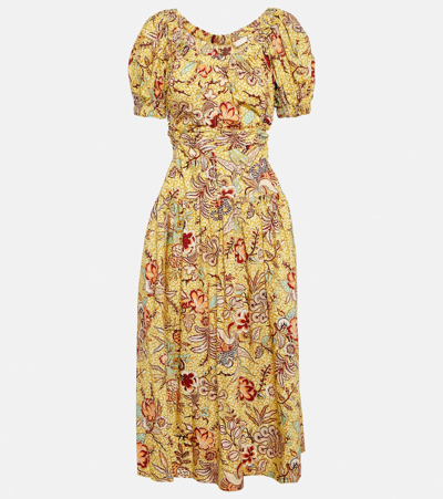 Shop Ulla Johnson Golda Printed Cotton Midi Dress In Yellow