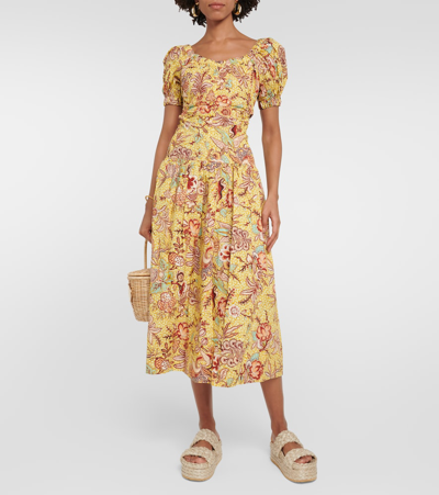 Shop Ulla Johnson Golda Printed Cotton Midi Dress In Yellow