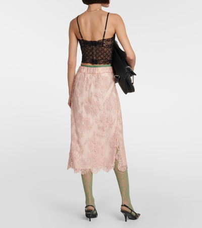 Shop Gucci Floral Lace Midi Skirt In Pink