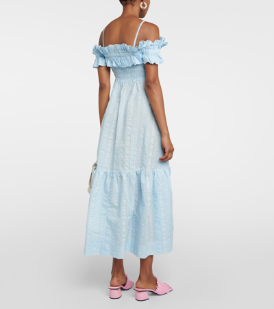 Shop Ganni Ruched Off-shoulder Maxi Dress In Blue