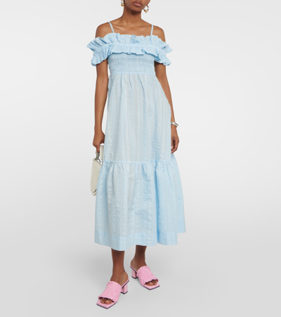 Ganni Seersucker Check Smocked Maxi Dress In Blue