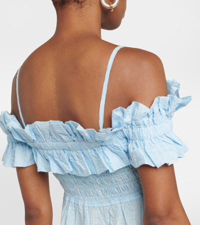 Shop Ganni Ruched Off-shoulder Maxi Dress In Blue