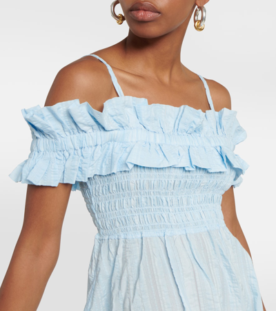 Shop Ganni Ruched Off-shoulder Maxi Dress In Blue