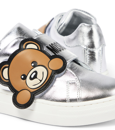 Shop Moschino Teddy Bear Leather Sneakers In Metallic