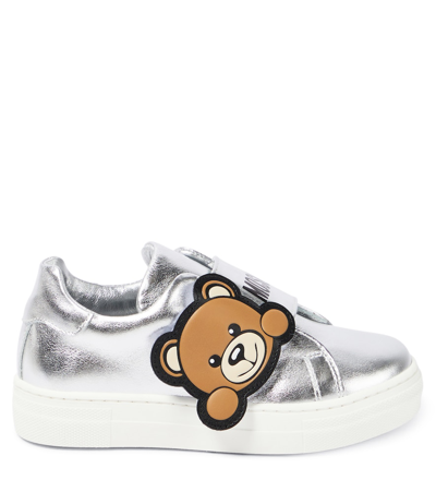 Shop Moschino Teddy Bear Leather Sneakers In Metallic