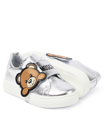 Shop Moschino Teddy Bear Leather Sneakers In Metallic