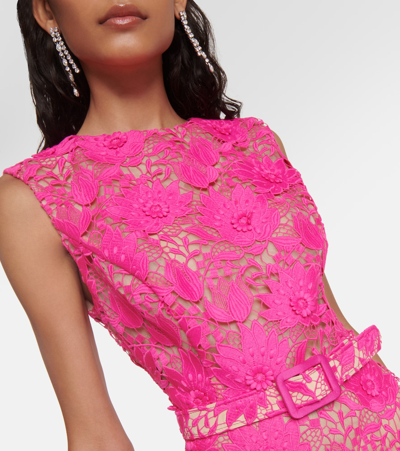 Shop Oscar De La Renta Floral Lace Midi Dress In Pink