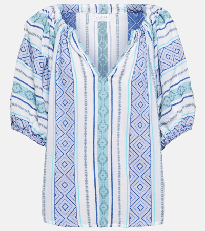 Shop Velvet Kimmy Printed Cotton Top In Blue