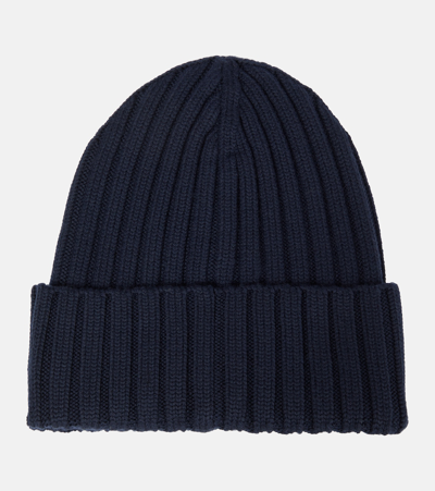 Shop Moncler Ribbed-knit Wool Beanie In Blue