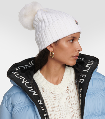 Shop Moncler Ribbed-knit Wool Beanie In White