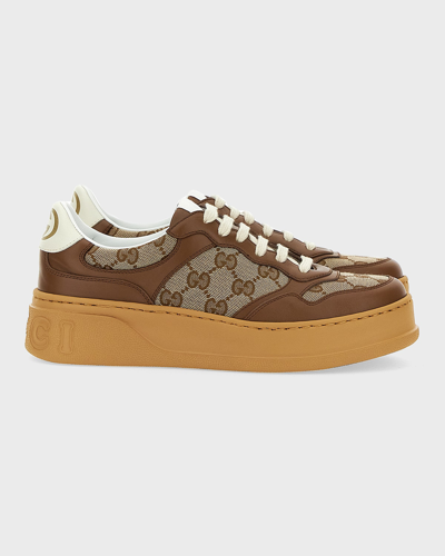 Gucci Textured Leather Sneakers With Branded Chunky Outsole In Beige