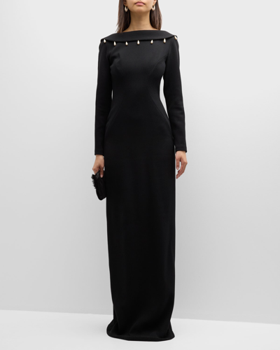 Shop Lela Rose Pearlescent Beaded Foldover-neck Low-back Column Gown In Black