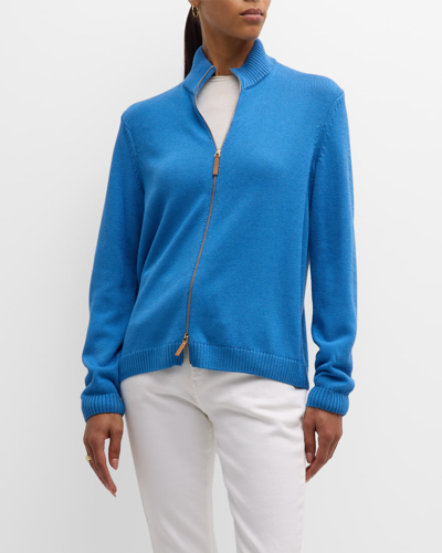 Shop Lafayette 148 Cotton/silk Tape Fitted Bomber Sweater In Sonic Blue