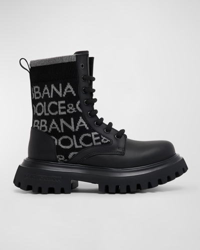 Shop Dolce & Gabbana Kid's Prateria Chinky Heel Knit Boots, Kids In Black/grey