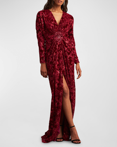 Shop Tadashi Shoji Dolman-sleeve Sequin Velvet Gown In Rose Red