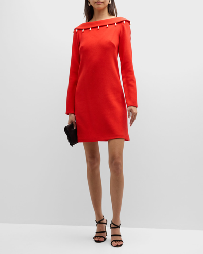 Shop Lela Rose Pearlescent-beaded Low-back Long-sleeve Mini Dress In Red