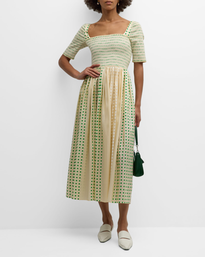 Shop Tory Burch Printed Silk Smocked Midi Dress In Overprinted Green
