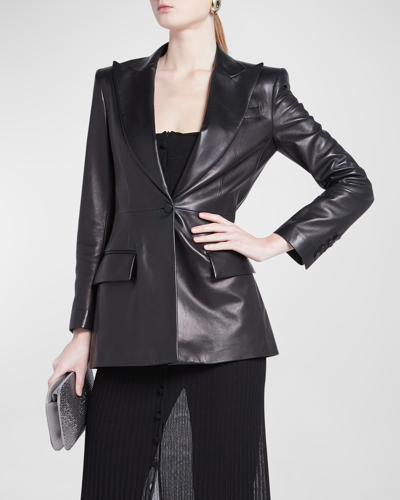 Shop Giorgio Armani Nappa Leather Single-beasted Blazer In Solid Black