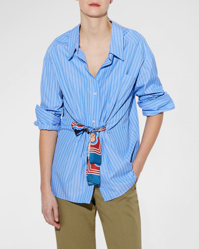 Shop Callas Milano Capucine Striped Tie-waist Button-down Shirt In Bluewhite 14c