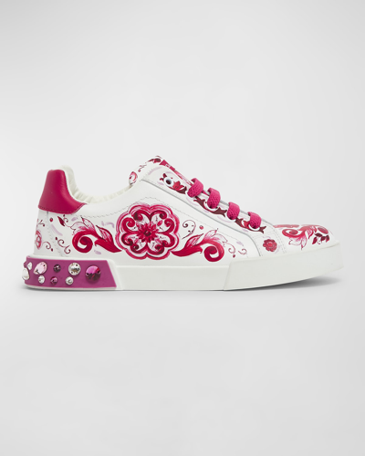 Shop Dolce & Gabbana Girl's Maiolica Bejeweled Sneakers, Kids In Azulejos