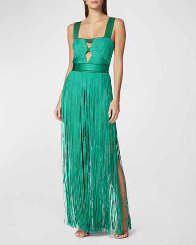 Shop Herve Leger Contour Bust Wide-strap Fringe Gown In Cypress 313