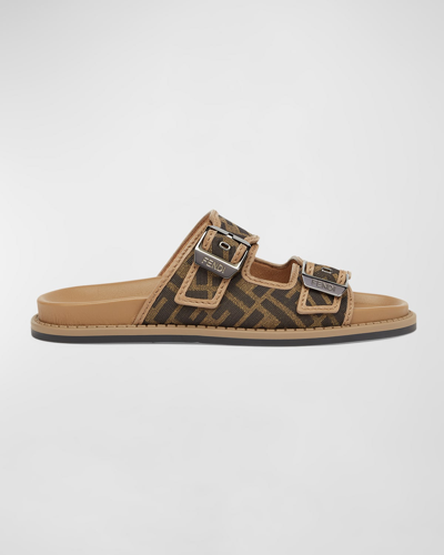 Shop Fendi Men's Ff Jacquard Slide Sandals In Tobacco/sand