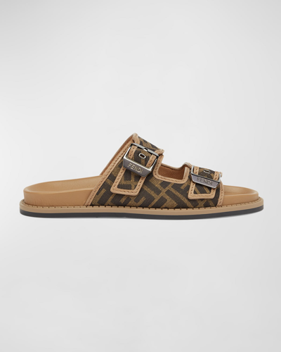 Fendi Canvas Feel Slippers With Adjustable Straps And Ff Motif Embroidery In Tobacco/sand