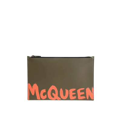 Shop Alexander Mcqueen Leather Logo Clutch In Green