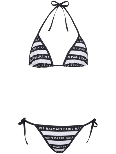 Shop Balmain Striped Triangle Bikini Set In Black