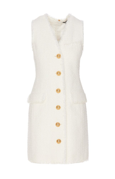 Shop Balmain Sleeveless Tweed Dress In White