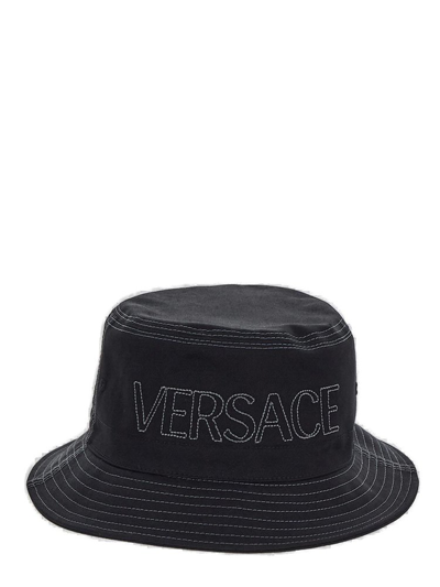 Shop Versace Logo Plaque Bucket Hat In Black