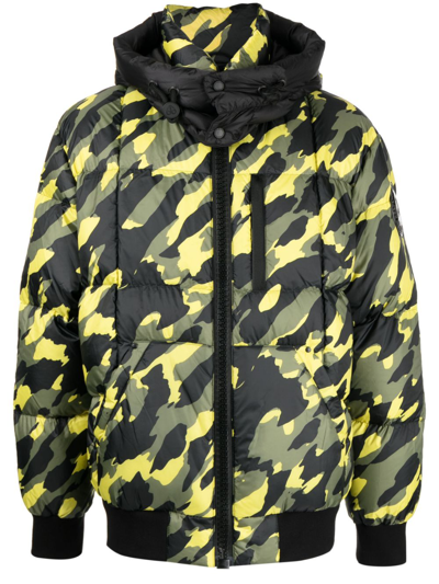 Shop Moose Knuckles Camouflage-print Hooded Bomber Jacket In Yellow