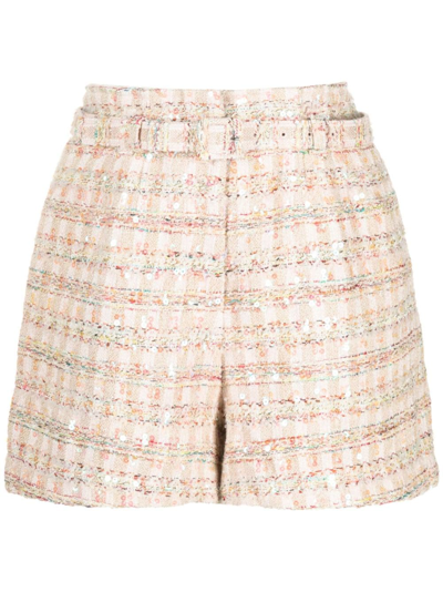 Shop Self-portrait Sequin-embellished Bouclé Shorts In Pink