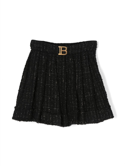 Shop Balmain Logo-plaque Tweed Shorts In Black