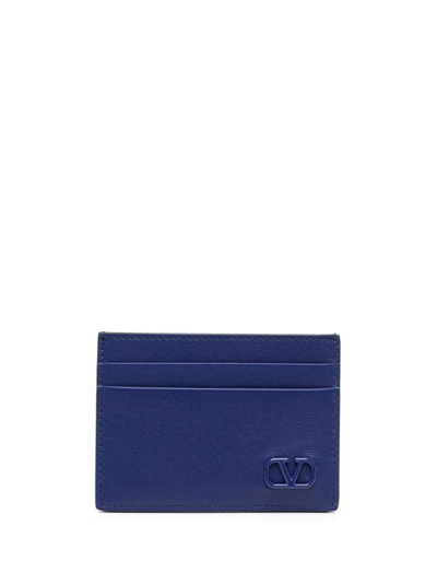Shop Valentino Vlogo Signature Leather Cardholder In Blue