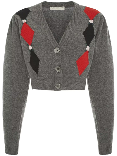 Shop Alessandra Rich Cropped Cardigan In Jacquard Wool Knit In Grey