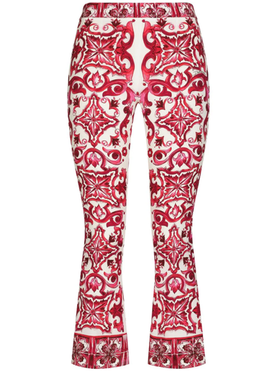 Shop Dolce & Gabbana Cropped Trousers With Majolica Print In Pink & Purple