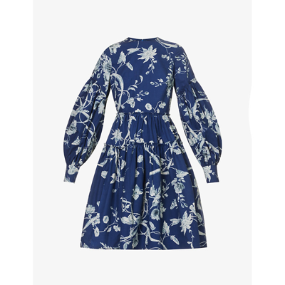 Shop Erdem Womens Ophelia Vine Indigo Floral-print Tiered-hem Cotton-poplin Mini Dress