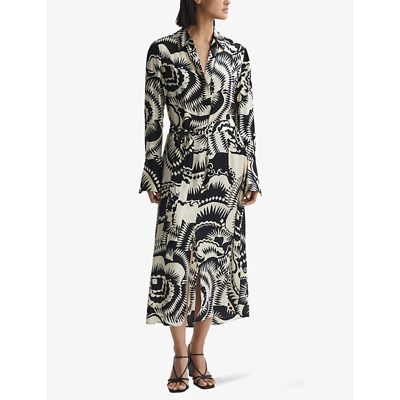 Shop Reiss Women's Black/white Tilly Graphic-print Long-sleeve Woven Midi Dress