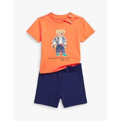 Shop Ralph Lauren Polo  Orange Bear-print Short-sleeve Cotton Short Set 3-24 Months