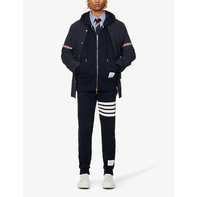 Shop Thom Browne Four-bar Zipped Cotton-jersey Hoody In Navy