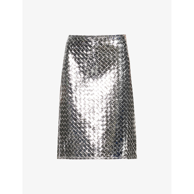 Shop Bottega Veneta Womens Silver Intrecciato High-rise Leather Midi Skirt