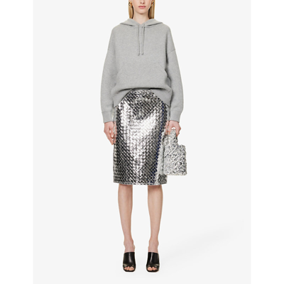 Shop Bottega Veneta Womens Silver Intrecciato High-rise Leather Midi Skirt
