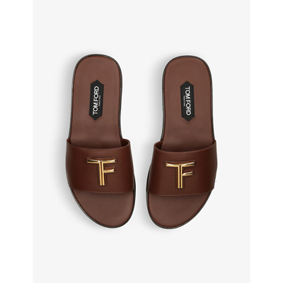 Shop Tom Ford Brighton Logo-embellished Leather Sliders In Tan